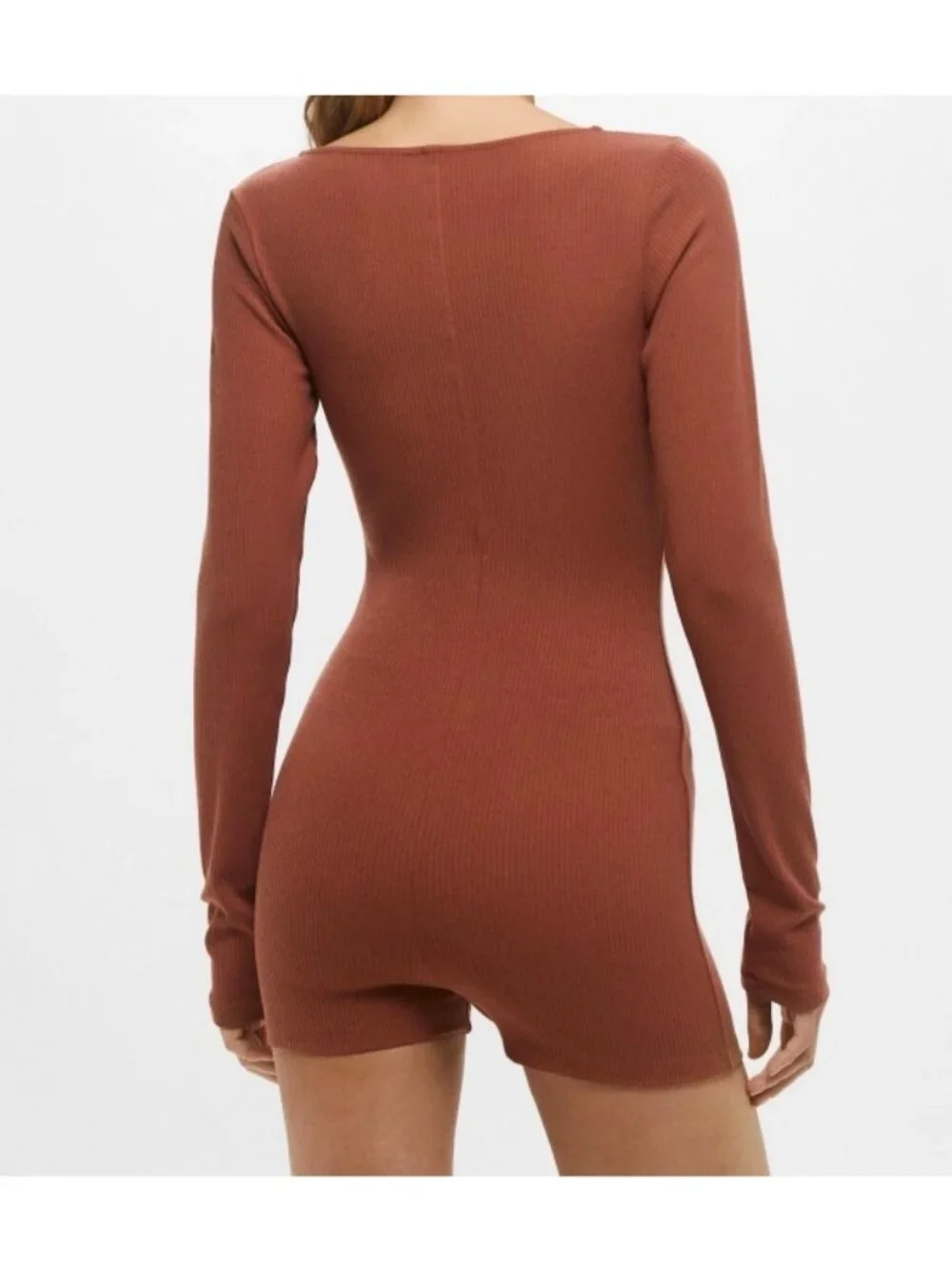 Alo Keep It Sleek Ribbed Onesie Rust Zipper Zip Henley One-Piece Jumpsuit Romper